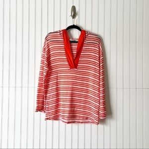 Michael Stars One Size Orange White Striped Open Knit Hooded Top